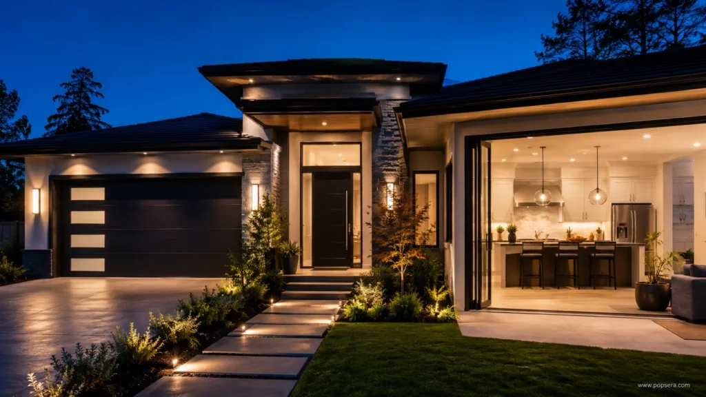 Best home improvements for ROI with modern curb appeal, garage door upgrade, landscaping, and refreshed kitchen