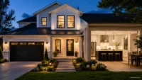 Best home improvements for ROI with modern curb appeal, garage door upgrade, landscaping, and refreshed kitchen