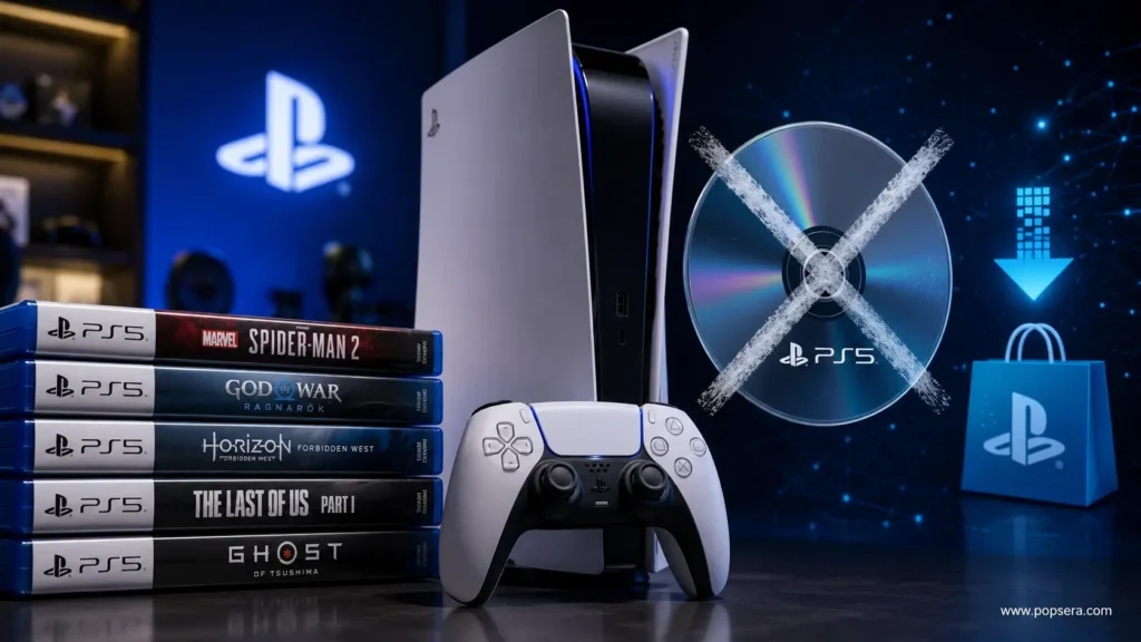 PS5 console with physical PlayStation game discs representing Sony’s 2028 digital-only shift.