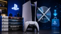 PS5 console with physical PlayStation game discs representing Sony’s 2028 digital-only shift.