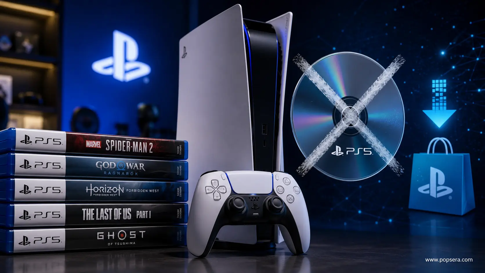 PS5 console with physical PlayStation game discs representing Sony’s 2028 digital-only shift.