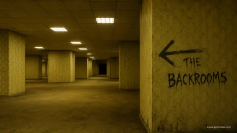 A dim yellow hallway with fluorescent lights, inspired by the Backrooms horror movie.