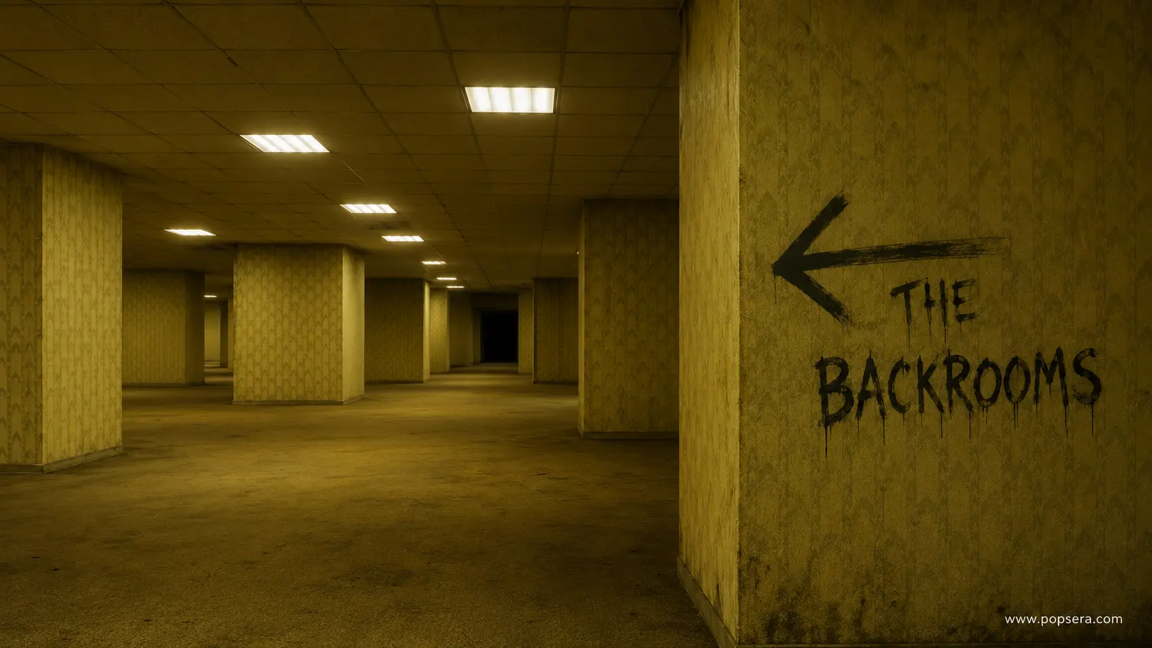 A dim yellow hallway with fluorescent lights, inspired by the Backrooms horror movie.