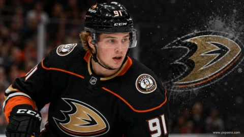 “Leo Carlsson of the Anaheim Ducks during NHL action before the Flyers offer sheet.”