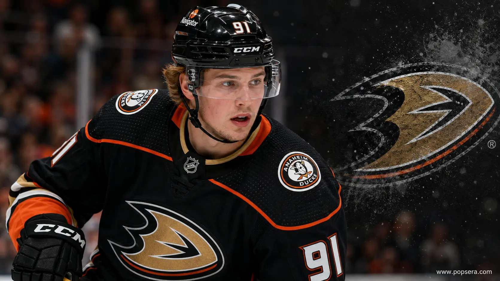 “Leo Carlsson of the Anaheim Ducks during NHL action before the Flyers offer sheet.”