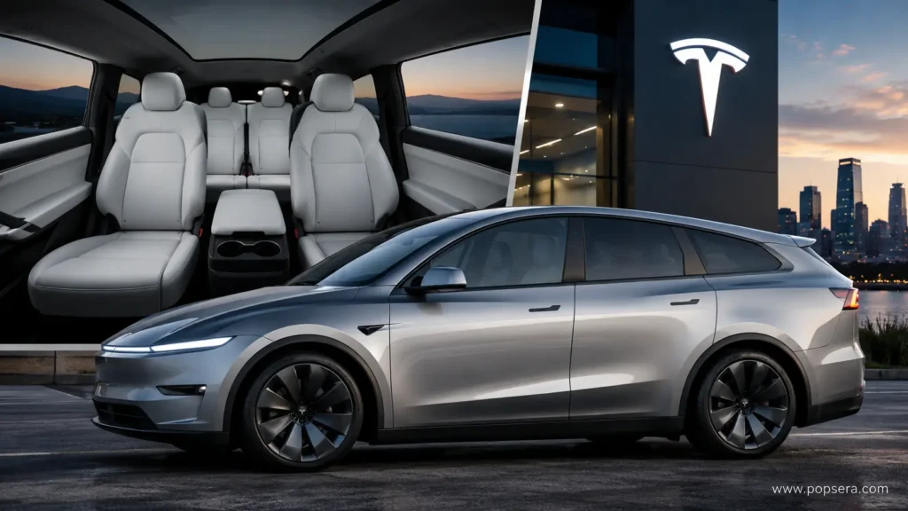Tesla Model Y L exterior or cabin image showing the longer body and three-row layout.