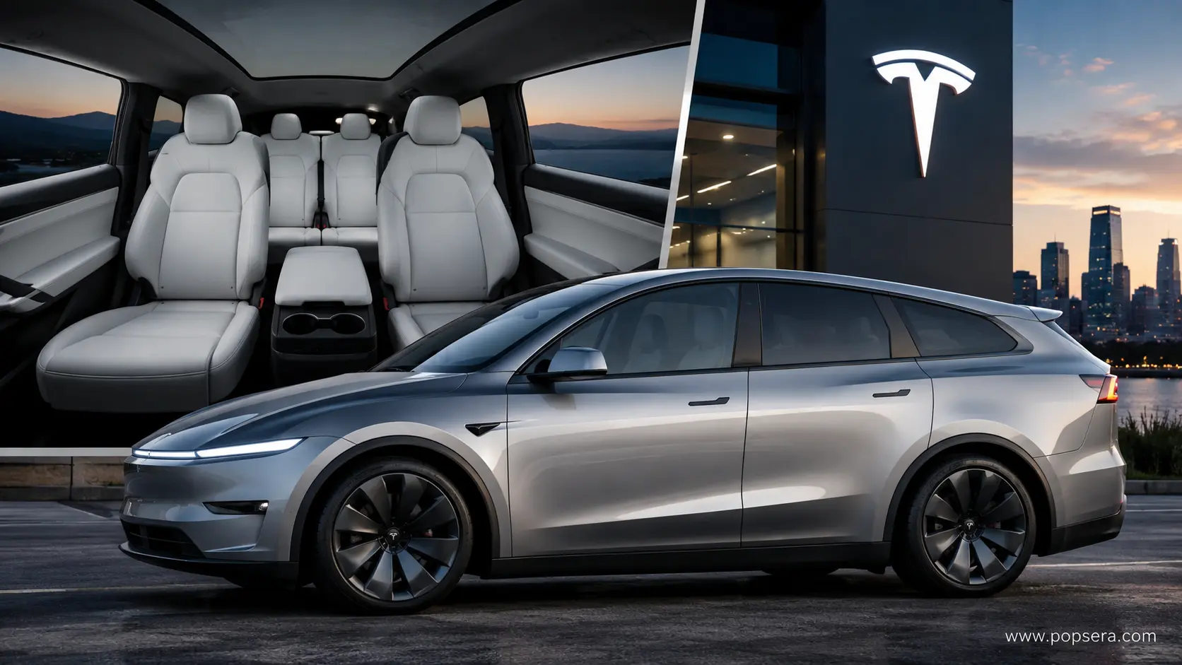 Tesla Model Y L exterior or cabin image showing the longer body and three-row layout.